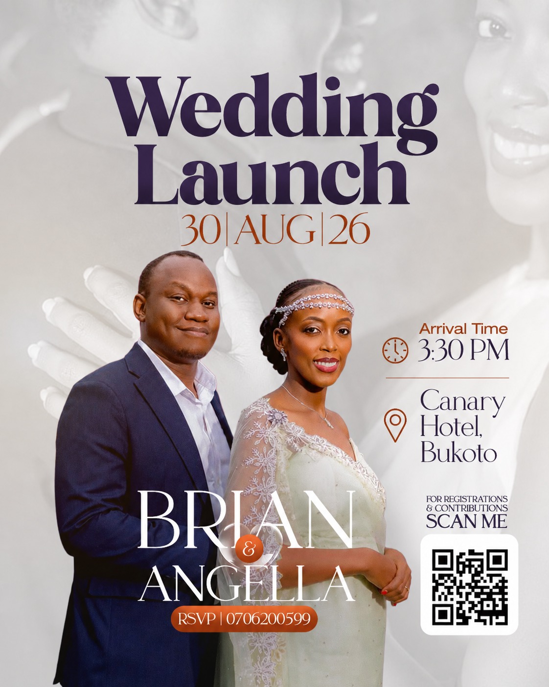 The official wedding launch invitation for Brian and Angella, 30 August 2026 at Canary Hotel Bukoto